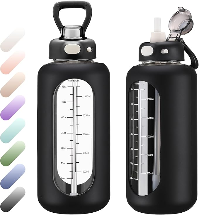 SIEROZUR 42 oz Glass Water Bottle with Straw and Handle Half Gallon Large Water Bottle with Silicone Sleeve and Time Marker Sports Water Jug Wide Mouth for Travel Gym