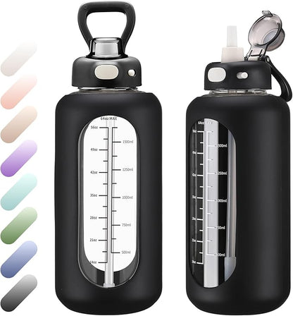 SIEROZUR 42 oz Glass Water Bottle with Straw and Handle Half Gallon Large Water Bottle with Silicone Sleeve and Time Marker Sports Water Jug Wide Mouth for Travel Gym