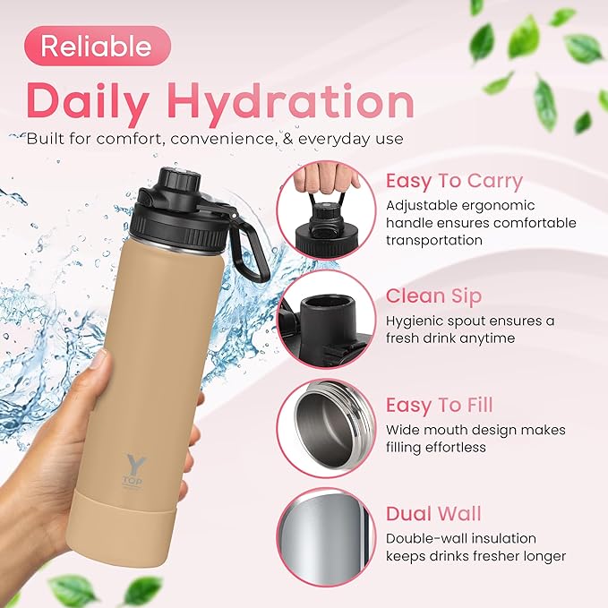 Y TOP 24oz Insulated Water Bottle Leak Proof Spout Lid Fits in Car Cup Holder – Double Wall Dishwasher Safe Easy Clean stainless steel drinking water bottle for Gym Kids Sports Travel Hiking School