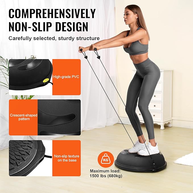 VEVOR Half Exercise Ball Trainer, 23/26 inch Balance Ball Trainer, 1500lbs Capacity Stability Ball, Yoga Ball with Resistance Bands & Foot Pump, Strength Fitness Ball for Home Gym Full Body Workout