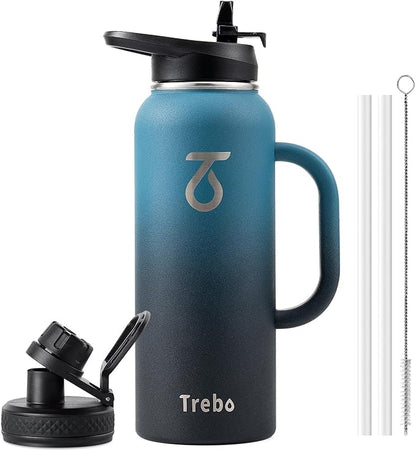 Trebo 40oz Water Bottle Insulated with Handle, Stainless Steel Metal Large Jug,Travel Flask with Straw Spout Lid,Mug Tumbler Cup,Keep Cold Hot, Indigo Black