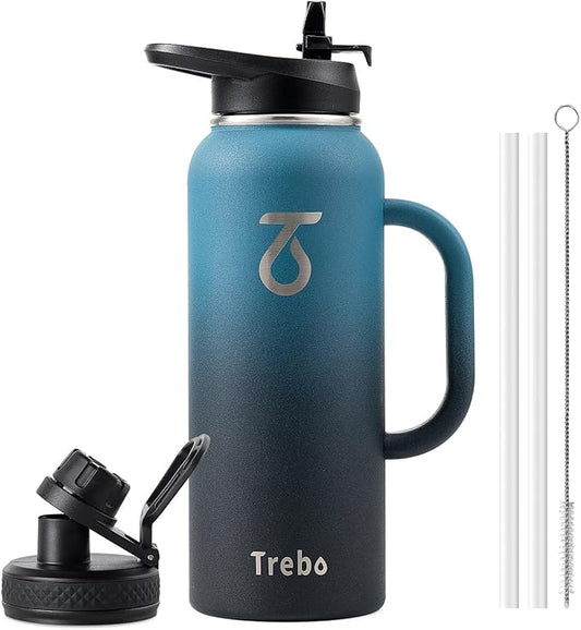 Trebo 40oz Water Bottle Insulated with Handle, Stainless Steel Metal Large Jug,Travel Flask with Straw Spout Lid,Mug Tumbler Cup,Keep Cold Hot, Indigo Black