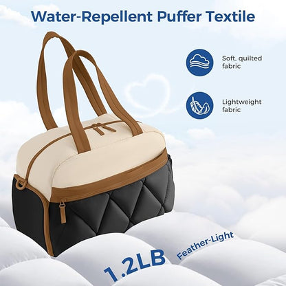 Gym Bag for Women, Puffer Travel Duffle Bag With Shoes Compartment & Wet Pocket, Carry On Tote Bag For Weekender, Overnight, Sport (Beige & Brown, Large)