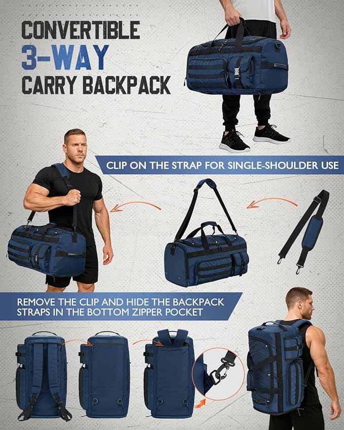 Gonex 45L Duffel Bag for Men, 3 in 1 Convertible Carry Gym Duffle with Shoe Compartment, Tactical Gear Loops, Water-Repellent Lining, Workout & Travel Bag (Dark Blue)