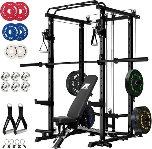 RitFit Multi-Function Garage & Home Gym Package Includes 1200LBS Power Cage PPC03/P3 with Cable Crossover System, Weight Bench, Olympic Barbell Weight Set, Full Body Workout