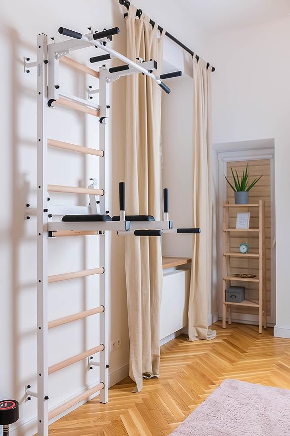 Wooden Swedish Ladder Wall Stall Bar - Indoor Chin Up Bar Workout Equipment for Home Exercise, Physical Therapy, Gymnastics, Fitness