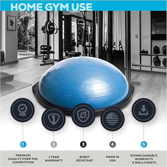 BOSU Pro Balance Trainer, Half-Ball Training Equipment, 300 lb Capacity, Stability Exercise Tool with Resistance Bands Non-Slip Base, Blue