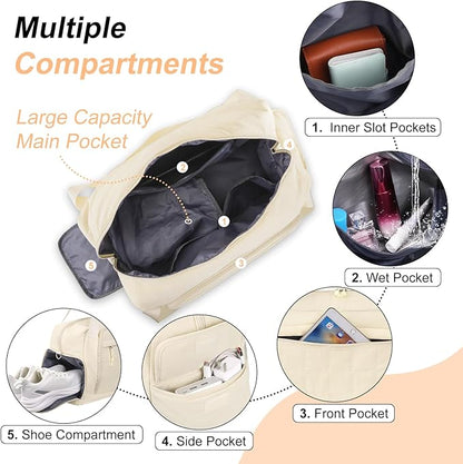 MOSISO Gym Bag for Women, Travel Duffle Weekender Overnight Workout Carry on Gym Duffle Bag with Shoe Compartment&Wet Pocket&Front Quilted Grid Pocket for Fitness, Yoga, Weekend, Beige