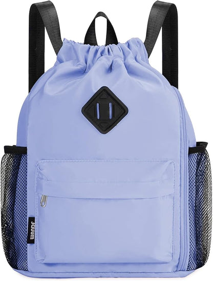 WANDF Drawstring Backpack Sports Gym Bag with Shoes Compartment, Water-Resistant String Backpack Cinch for Women Men (Small,Light Blue)