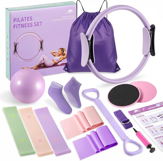 Rhino Valley Home Pilates Kit for Women, Pilates Equipment with 13'' Magic Circle, Mini Ball, 5 Resistance Bands, Bag & Guides, Beginner Home Workout Essentials Set for Full-Body Exercise
