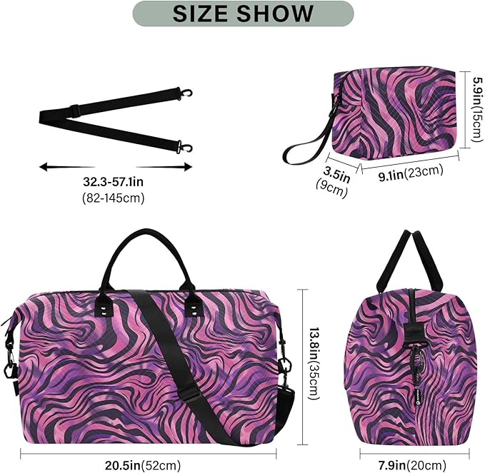 Weekender Bags Travel Duffel Gym Bag Zebra Print Purple Carry on Overnight Tote Bag with Toiletry Bag for Airplane Travel Trip Gym Yoga