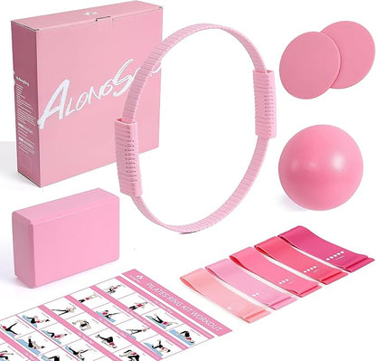 Pilates Kit for Women, 13.7in Silicone Pilates Ring with 5 Resistance Bands, 1 Yoga Ball, 1 Yoga Block, 2 Core Sliders, Video Guide for Full Body Home Workouts