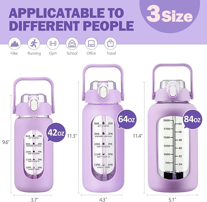 kytffu 84oz Glass Water Bottle with Straw, 2.5 Liter Large Water Bottle with Silicone Sleeve and OZ Marker, Wide Mouth Gallon Glass Bottle with 2-in-1 Lid, Leakproof Water Jug for Gym Home, Purple