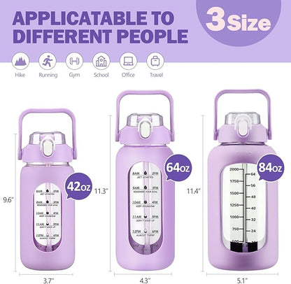 kytffu 84oz Glass Water Bottle with Straw, 2.5 Liter Large Water Bottle with Silicone Sleeve and OZ Marker, Wide Mouth Gallon Glass Bottle with 2-in-1 Lid, Leakproof Water Jug for Gym Home, Purple