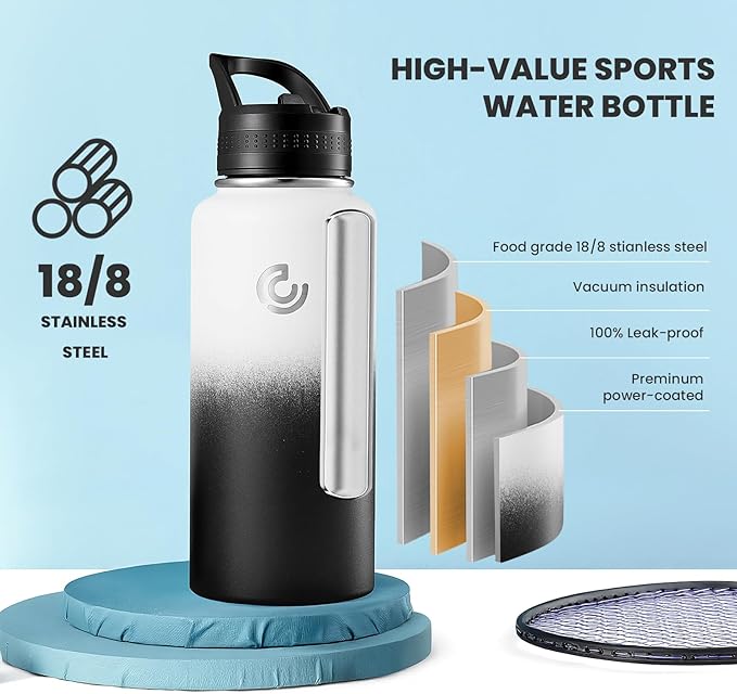 COKTIK 32oz Sports Water Bottle, Stainless Steel Water Bottle for Insulated, Reusable Travel Bottle, With Straw, With Handle Grip for Easy Carrying, Suitable for Cycling, Outdoor Vacations(Day&Night)