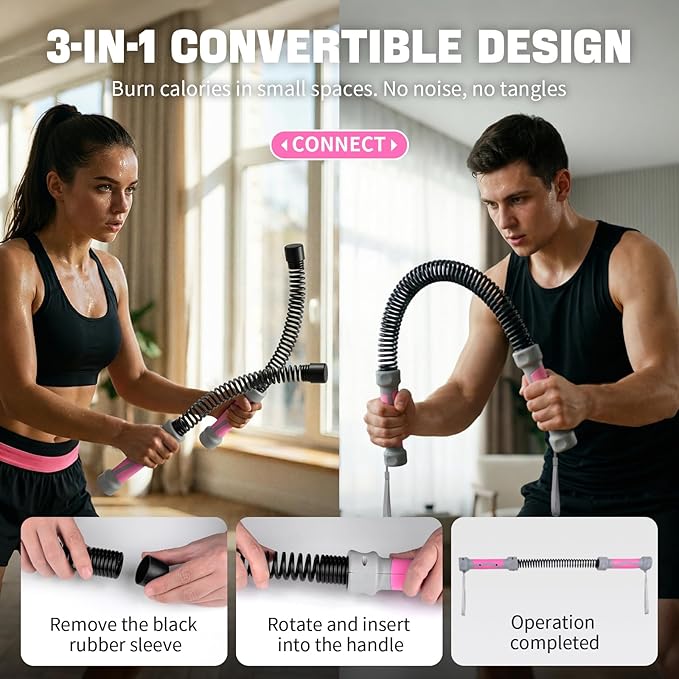 Ropeless Battle Ropes - 3-in-1 Heavy Ropeless Jump Rope Set & Solid Steel Resistance Bar for Home Gym - Portable Workout Equipment for HIIT,Strength Training