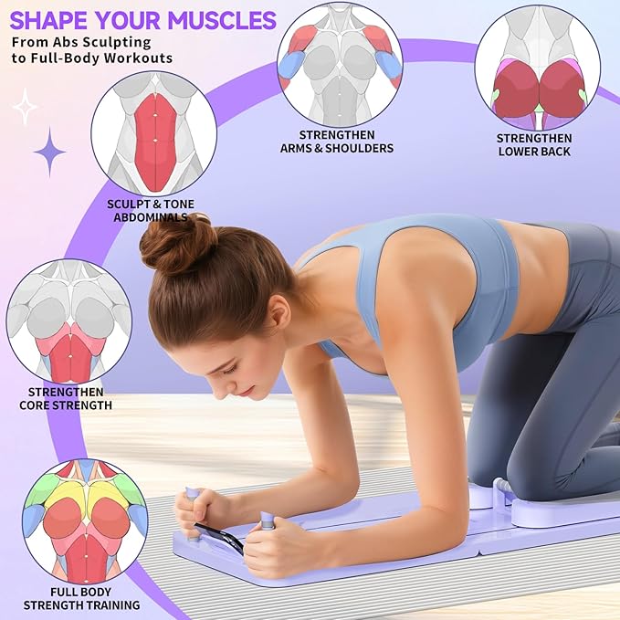 Pilates Board - Versatile Foldable Pilates Reformer Set at Home, Multi-Purpose Sliding Board for Pilates Workouts, 6-in-1, Purple