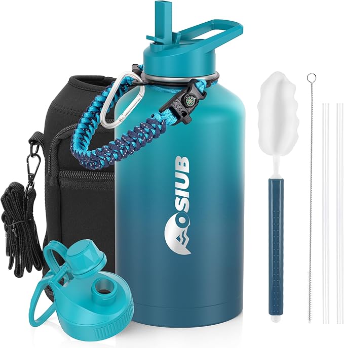 Insulated Water Bottle 64 oz, Triple Wall Vacuum Stainless Steel(Cold for 48 Hrs),Leak Proof & BPA-Free,Half Gallon Water Bottle with Reflective Paracord & Flip Straw for Sports & Travel, Cyan Blue