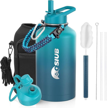 Insulated Water Bottle 64 oz, Triple Wall Vacuum Stainless Steel(Cold for 48 Hrs),Leak Proof & BPA-Free,Half Gallon Water Bottle with Reflective Paracord & Flip Straw for Sports & Travel, Cyan Blue