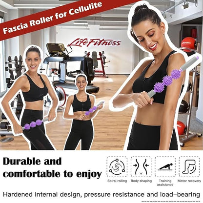 Fascia Muscle Roller, Cellulite Massager for Sore Muscles, Neck, Leg, Back, Pressure Trigger Point Body Deep Tissue Massage Stick Tools, 3 Massage Balls, Purple