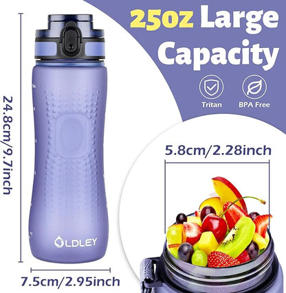 OLDLEY 25 oz Water Bottle, Motivational Water Bottle with Time Marker, Sports Water Bottle With Strap, Leakproof & BPA Free Large Water Bottles for School, Gym, Travel, Outdoor, Tritan,Purple