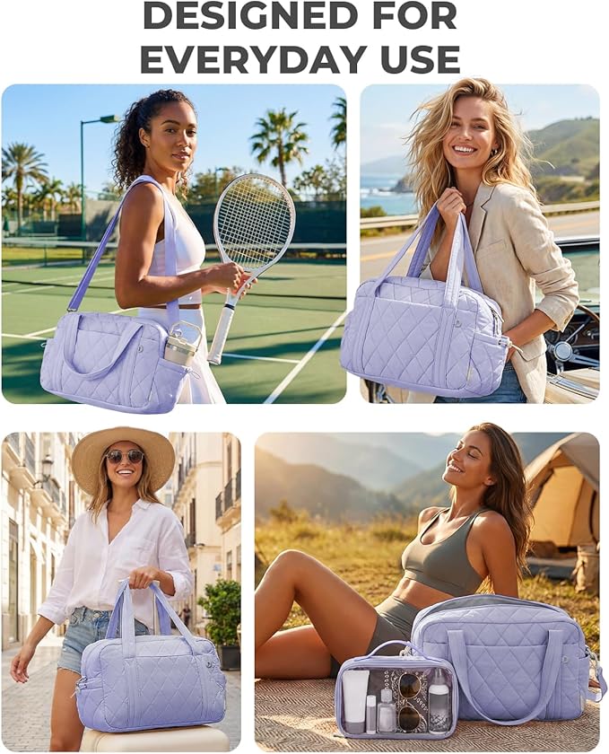 Percover Women Gym Bag with Toiletry Organizer Pouch, Quilted Workout Duffle with Compartments for Daily Fitness & Yoga, Locker-Friendly Soft Carry, Lavender Purple