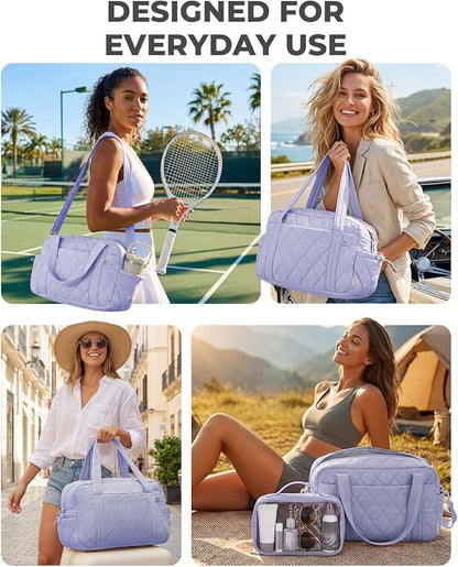 Percover Women Gym Bag with Toiletry Organizer Pouch, Quilted Workout Duffle with Compartments for Daily Fitness & Yoga, Locker-Friendly Soft Carry, Lavender Purple