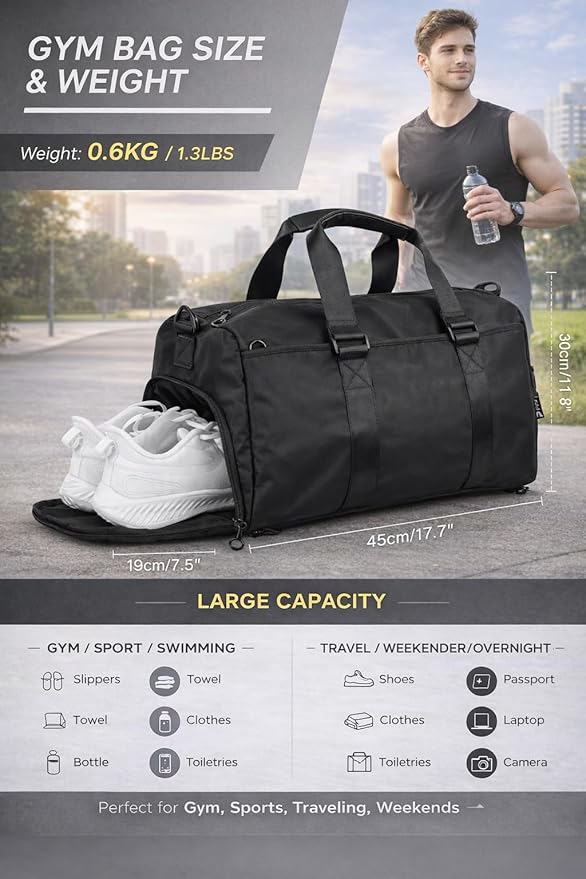 2-in-1 Gym Duffle Bag Backpack for Men & Women, Convertible Sports Bag with Shoe Compartment, Water-Resistant Travel Workout Bag for Gym, Fitness, Weekender, Black (black)