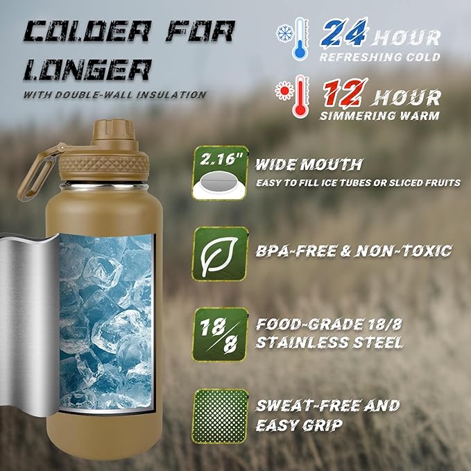 32 oz Insulated Water Bottle - Tactical Stainless Steel Water Bottle with Sleeve, Wide Mouth Gym Water Bottles for Men Sports Workout Hiking with Pouch Desert Camo