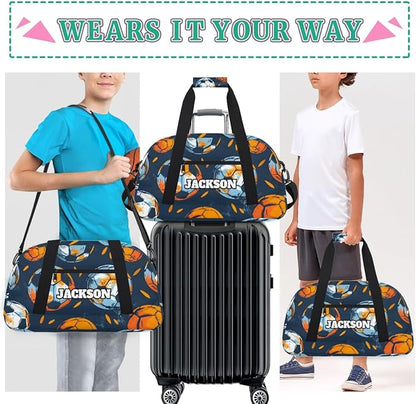 Personalized Boys Soccer Gym Duffel Bags for Kids with Custom Name Sport Training Travel Bags for Overnight Weekender, Dark Blue