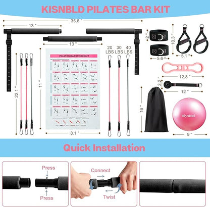 Pilates Bar Kit with Resistance Bands, Multifunctional Pilates Bar with 3 Set Exercise Resistance Bands, Portable Pilates Equipment for Women Home Gym Yoga Workouts