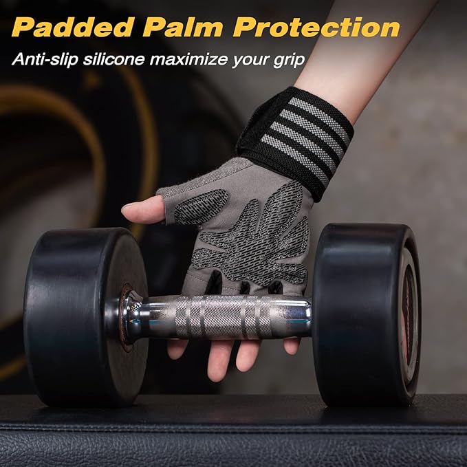 Workout Gloves with Wrist Wrap Support for Men & Women, Weight Lifting Gloves Anti-Slip Padded Palm Fingerless Exercise Glove for Powerlifting, Gym, Training