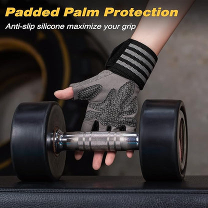 Workout Gloves with Wrist Wrap Support for Men & Women, Weight Lifting Gloves Anti-Slip Padded Palm Fingerless Exercise Glove for Powerlifting, Gym, Training