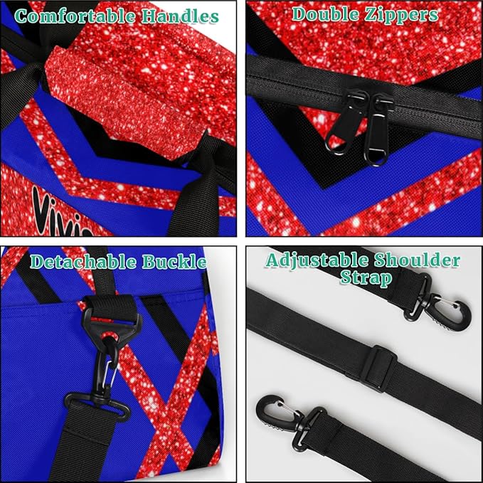 Personalized Sports Cheer Duffel Bag, Custom Sport Gym Bag Large Compartment Cheerleaders Dance Bag Weekender Bags Travel Training Bag for men, Red Sequins Glitter Black Royal Blue