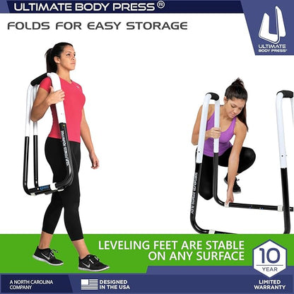 Ultimate Body Press Dip Bar Fitness Station - Adjustable Width Folding Dip Stand with Angled Grips, Stable Leveling and Easy Storage