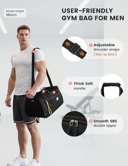 SKYSPER Gym Bag for Men & Women with Shoe Compartment, Carry-on Gym Duffle Bag for Travel and Sports, Workout Overnight Bag with Large Wet Pocket, Black