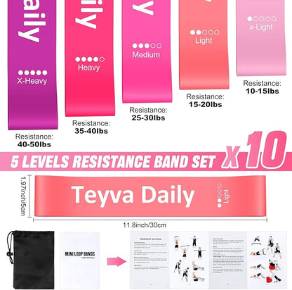 50 Pcs Resistance Loop Exercise Bands for Booty Workout Stretch Exercise Bands 5 Level Each Set with Storage Bag Non Slip for Legs Squat Resistance Loop Women Men Fitness