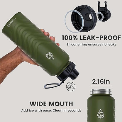 24oz Stainless Steel Insulated Water Bottle, 48H Ice Cold & 24H Hot, Leak-Proof Wide Mouth Lids (Straw & Spout), BPA-Free Bottles, Mens Water Bottle for Gym, Hiking, Travel - Green