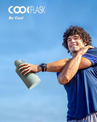 Coolflask Water Bottle 32 oz Insulated with Straw, Stainless Steel Metal 3 Lids Water Flask Wide Mouth for Sports or Office, Non-BPA Keep Cold Up to 48 Hrs or Hot Up to 24 Hrs, Grey Green