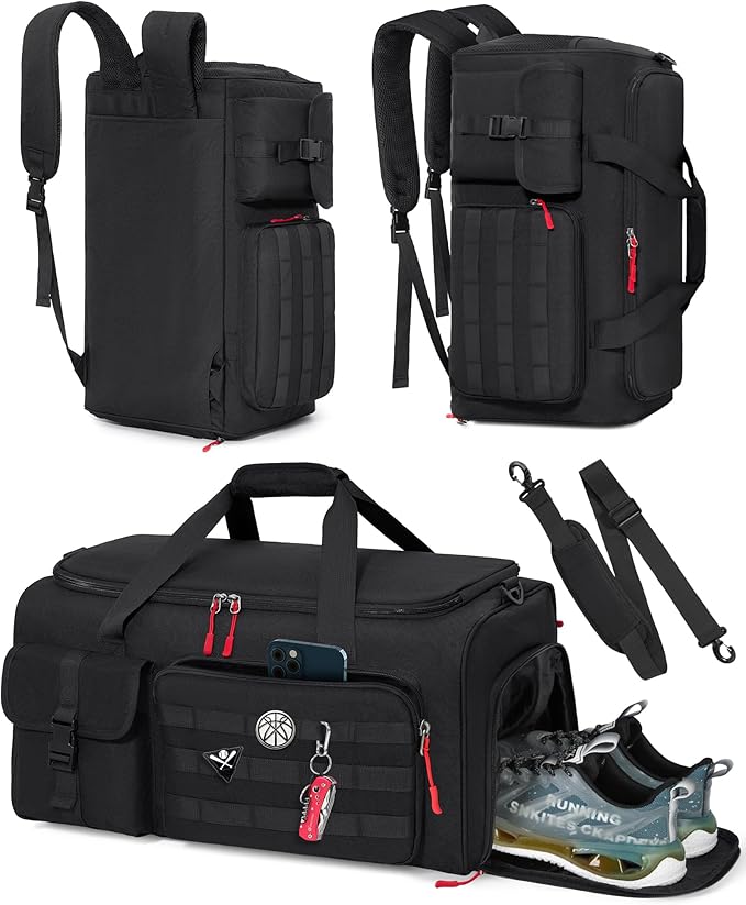 RAINSMORE Gym Bag for Men, 45L Sports Travel Duffel Bag with Shoe & Laptop Compartment, Gym Workout Backpack Carry On Weekender Bag Overnight Backpack for Travel, Black