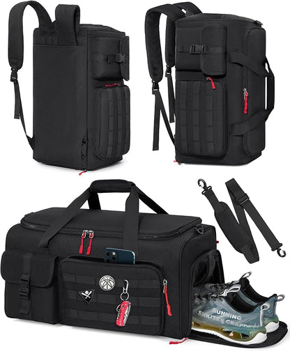 RAINSMORE Gym Bag for Men, 45L Sports Travel Duffel Bag with Shoe & Laptop Compartment, Gym Workout Backpack Carry On Weekender Bag Overnight Backpack for Travel, Black