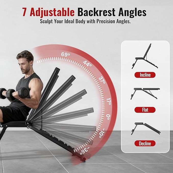 Adjustable Weight Bench for Home Gym Dumbbell Exercise, 600LBS Stable Incline Decline Flat Bench for Full Body Workout, Foldable Workout Bench with Resistance Bands for Bench Press Strength Training