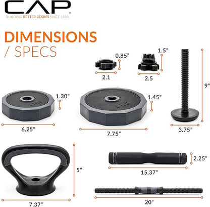 CAP Barbell Multi-Use Adjustable Weight Set - Versatile Dumbbell, Barbell & Kettlebell for Full-Body Workouts | 45lb and 66lb options