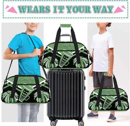 Custom Name Cheerleader Gym Bag for Kids Girls, Personalized Dance Sport Duffel Gymnastics Bag Travel Weekender Outdoor Tote Carry-On Bag, Green Black Glitter Sequins
