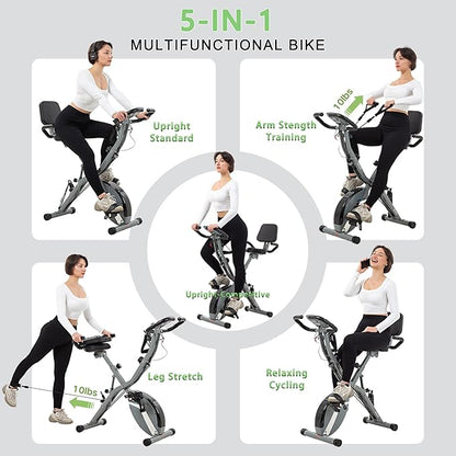 BARWING Stationary Exercise Bike for Home Workout, 5 IN 1 Foldable Indoor Cycling Bike for Seniors, 350LB Capacity, 16-Level Magnetic Resistance, Seat Backrest Adjustments