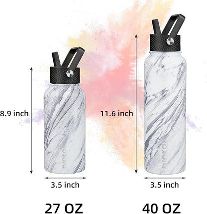 BJPKPK Insulated Water Bottles with Straw Lid, 27oz Stainless Steel Water Bottle with 3 Lids, Leak Proof BPA Free Metal Thermo, Mugs, Tumblers, Keep Cold Hot - Carrara Marble