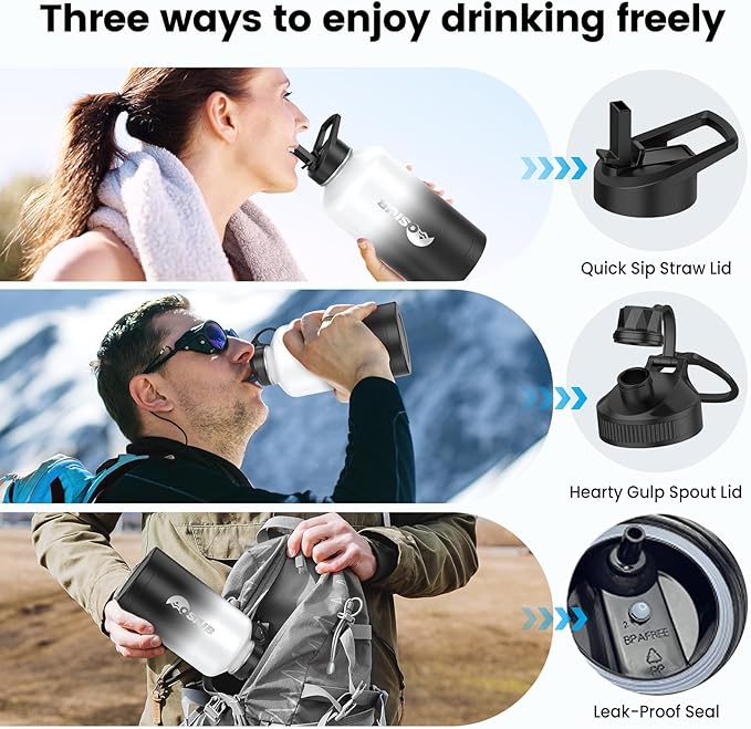 Insulated Water Bottle 87 oz, Triple Wall Vacuum Stainless Steel(Cold for 48 Hrs),Leak Proof & BPA-Free,One Gallon Water Bottle with Reflective Paracord & Flip Straw for Sports & Travel, DarkGray