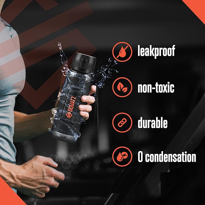 SQUATZ 24 Oz Poseidon Series Water Bottle for Protein and Fruit Shakes - Premium Quality Wide Mouth Gym Flask Fruit Infuser Strainer, Carrying Strap, Leak Resistance, No Condensation Sleeve,Black