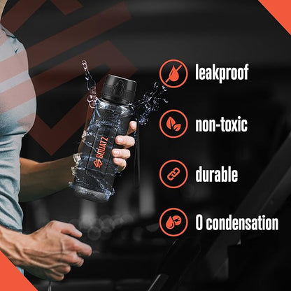 SQUATZ 24 Oz Poseidon Series Water Bottle for Protein and Fruit Shakes - Premium Quality Wide Mouth Gym Flask Fruit Infuser Strainer, Carrying Strap, Leak Resistance, No Condensation Sleeve,Black