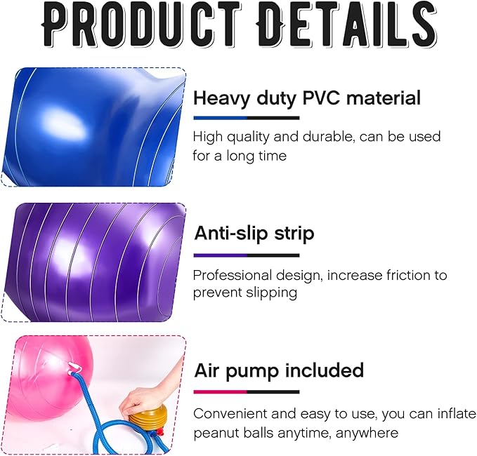 Jexine Peanut Ball for Kids Therapy - 3-Piece Anti-Burst Set, Yoga Balance Exercise Ball for Pregnancy & Home Gym, Includes 1 Pump & 3 Size Options